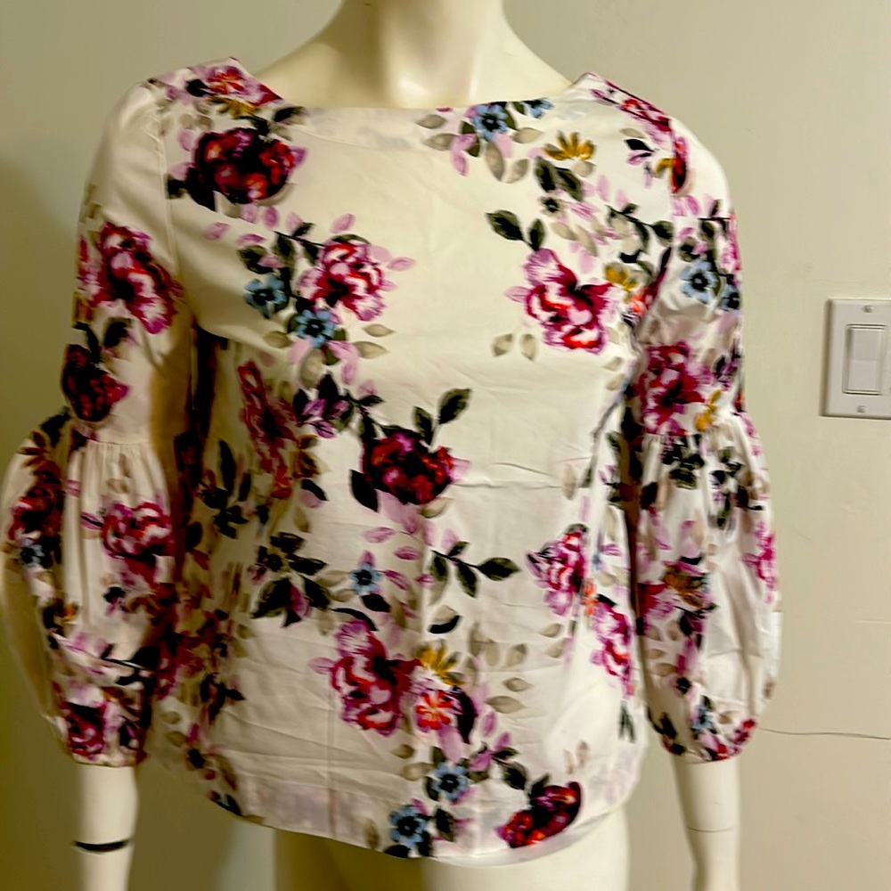 boat neck(front) v-neck (back)rushed bubble sleeve blouse